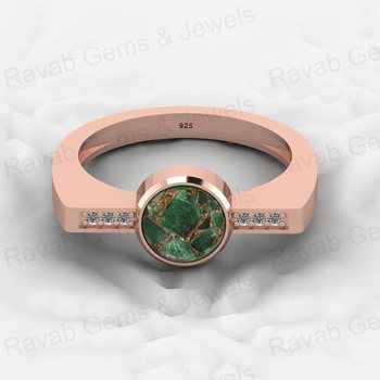 Top Quality Genuine 18K Gold Plated 7mm 925 Silver Emerald Copper Round Gemstone Cubic Zircon Bezel CZ Ring for Women Jewelry