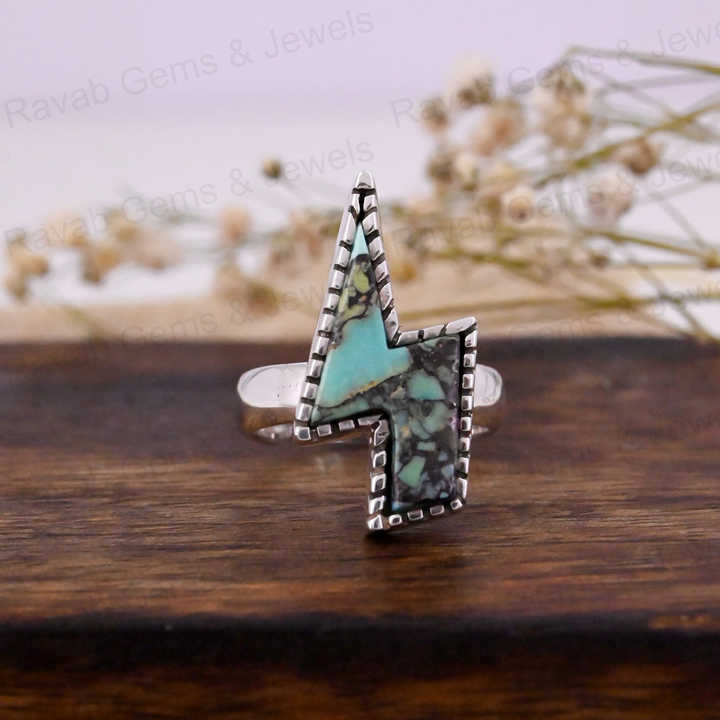 Top Selling Vintage 23x13mm Natural Mohave Turquoise High Polished 925 Silver Bezel Flash Bolt Women Ring Navajo Fine Jewelry