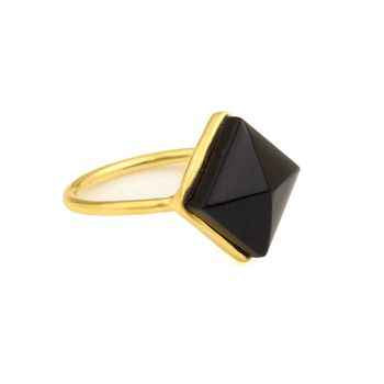 Hot Selling 12mm Natural Black Onyx Gemstone Bezel Set 18K Gold Plated 925 Silver Dainty Diamond Cut Ring for Women Fine Jewelry