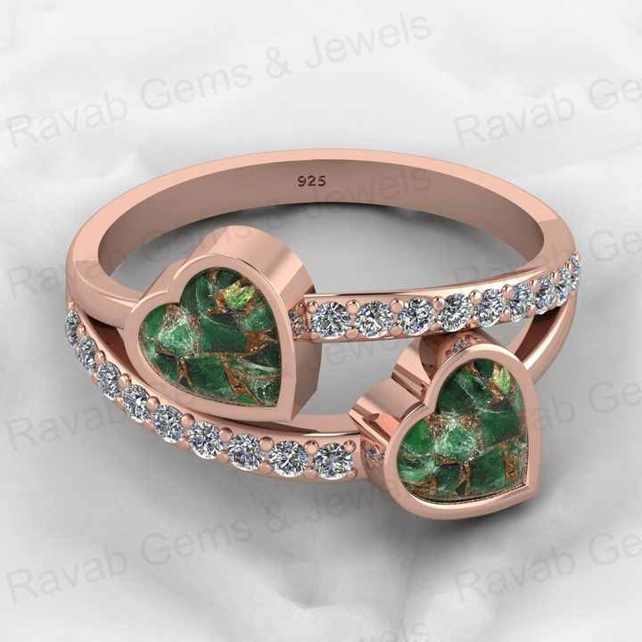 Best Selling Genuine 925 Silver Mohave Peridot Copper Gemstone With CZ Bezel Double Band Couple Heart Ring for Valentine Jewelry