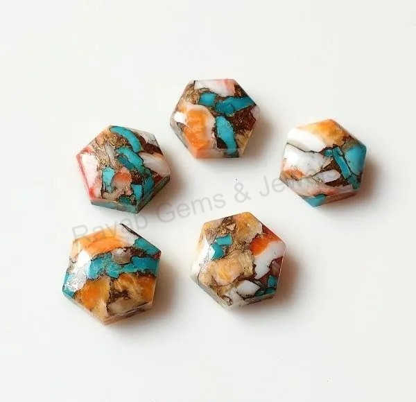 Top Quality Spiny Oyster Copper Turquoise 12x12mm Hexagon Smooth Cabochons Flat Back Gemstone Turquoise Making Gold Jewelry