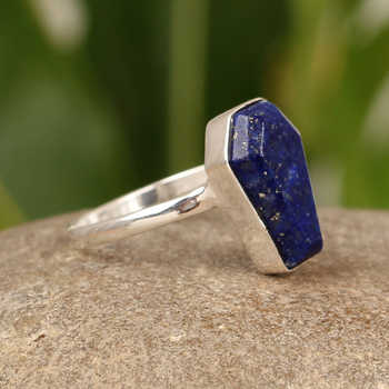 Best Selling Natural Lapis Lazuli Gemstone Genuine 925 Sterling Silver Coffin Shape Bezel Setting Dainty Women Ring Fine Jewelry