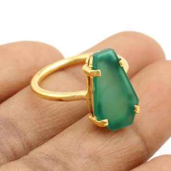 Beautiful 10x17mm Natural Green Onyx Gemstone 18k Gold Plating 925 Sterling Silver Coffin Shape Prong Setting Ring for Women