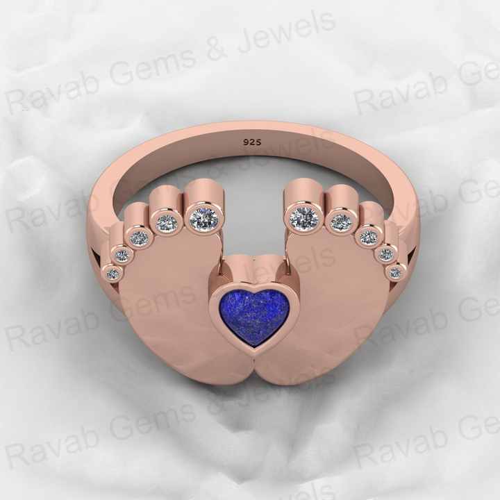 Top Selling Genuine 925 Sterling Silver 4X4mm Heart New Baby Born Foot Lapis Lazuli With CZ Cocktail Ring for Women Jewelry