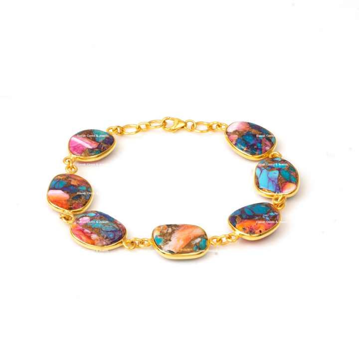 Top Selling Latest Design Mix Spiny Oyster Copper Turquoise Bezel Setting 18k Gold Plated Sterling Silver Chain Bracelet for Her