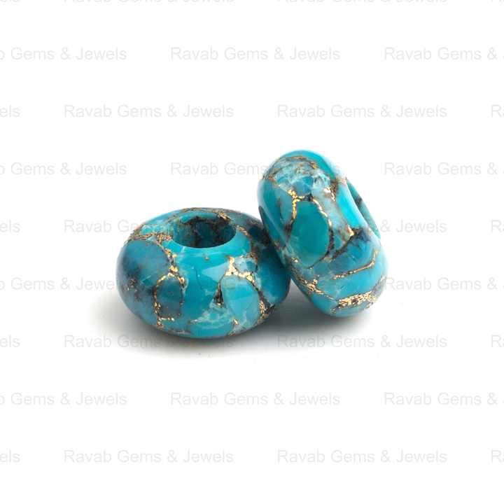 14x8mm Natural Polished Blue Copper Turquoise Rondelle Shape Smooth Big Hole Size Calibrated Gemstone Beads for Making Jewelry