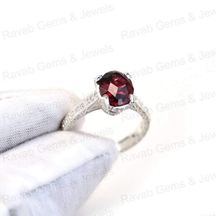 New Arrival Solid 925 Sterling Silver 8x10mm Rhodonite Garnet Brilliant Cut Double Prong Setting Ring for Women Fine Jewelry