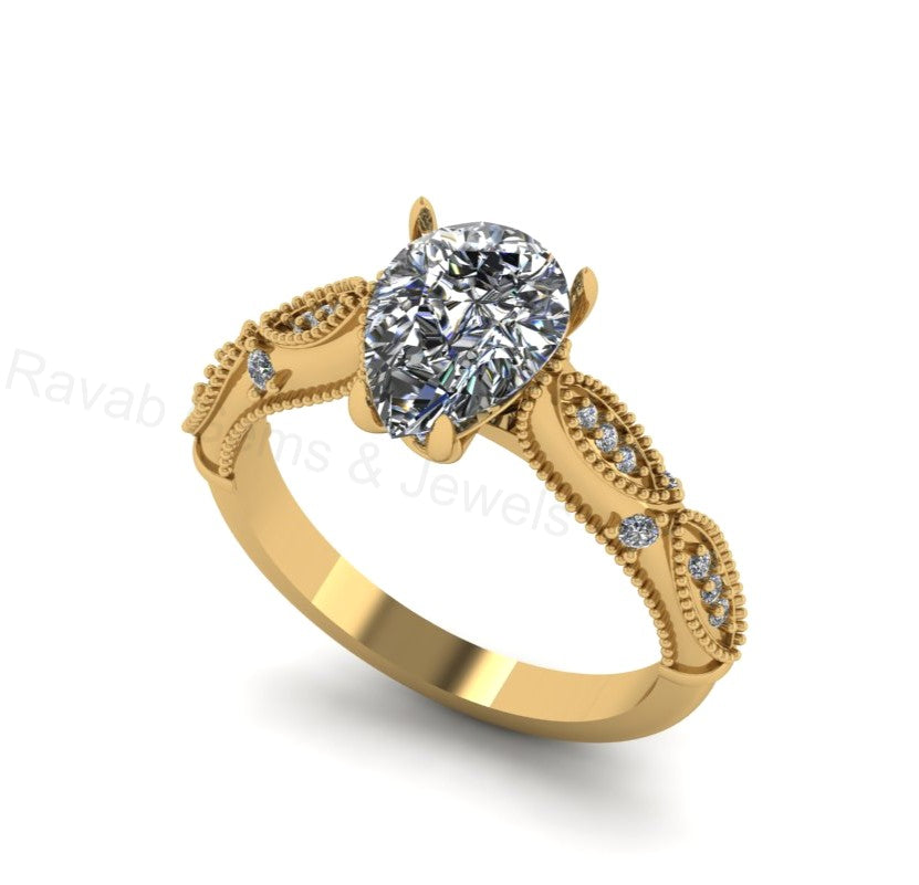 Victorian Inspired 925 Silver 14k Gold Plated 7x9mm Pear Cubic Zirconia Prong Set Designer Customized Ring Fine Jewelry Gift For Her