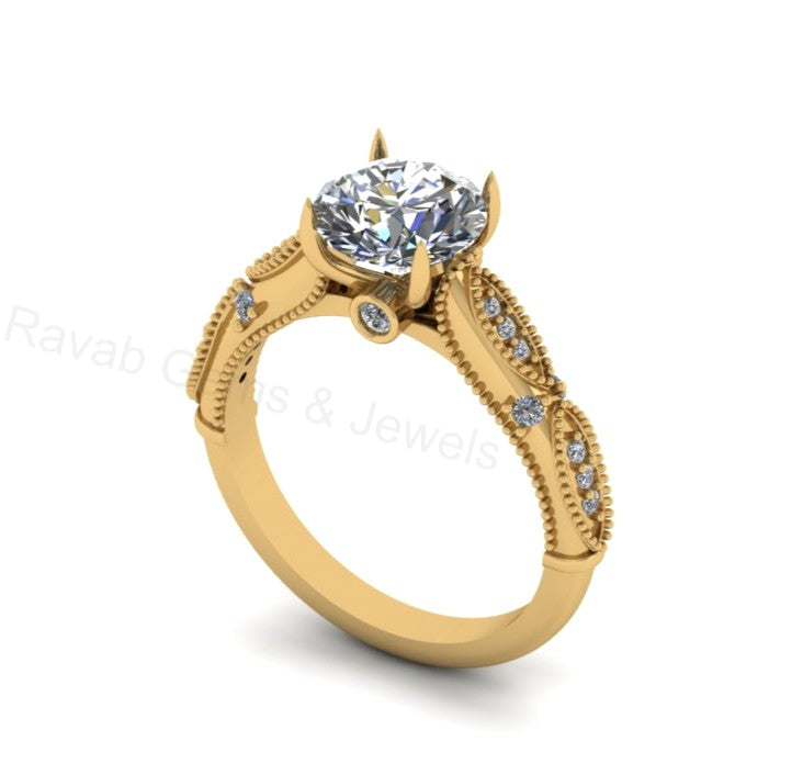 Victorian Inspired 925 Silver 14k Gold Plated 8mm Round Cubic Zirconia Prong Set Designer Customized Ring Fine Jewelry Gift For Her
