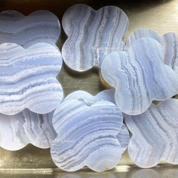 Blue Lace Agate, Clover Both Side Flat, Loose Stone, Four Leaf Wholesale Supplier, Semi Precious Stone, For Making Jewelry, All Size Avail.