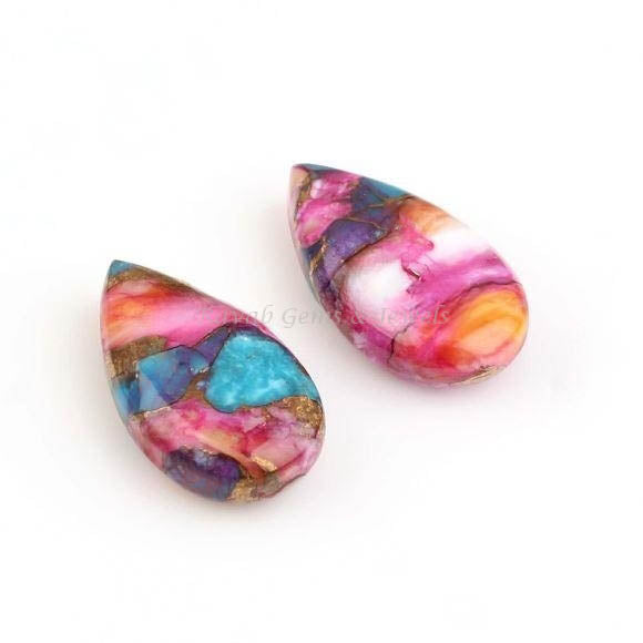 Spiny Oyster Copper Turquoise Long Pear Smooth Briolette Gemstone, Purple & Orange Calibrated Stone For Jewelry Making, 2 Pcs Set 10x25mm