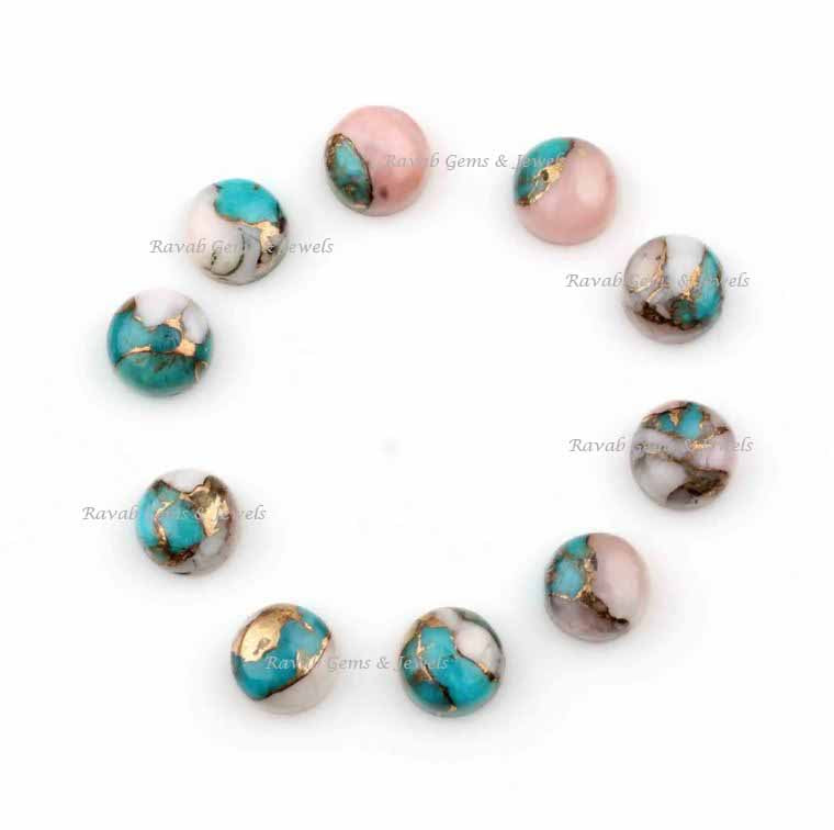 Pink Opal Copper Turquoise Round Smooth Cabochon Gemstone- Loose Beads Calibrated Stone For Sale, Jewelry Making Stones 5 Pcs Set