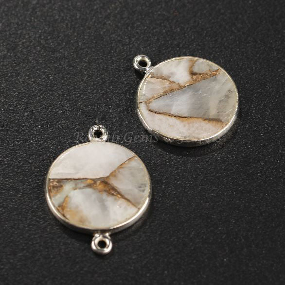 White Calcite Copper Round 12mm Smooth Flat Gemstone Gold Plated 925 Sterling Silver Charm Or Connector, Awesome Charm For Gifted 1 Pcs