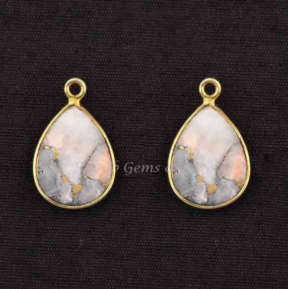 White Calcite Copper 12x16mm Smooth Pear Shape Briolette Gemstone Gold Plated 925 Sterling Silver Charm For Jewelry, Charms 2 Pcs Set