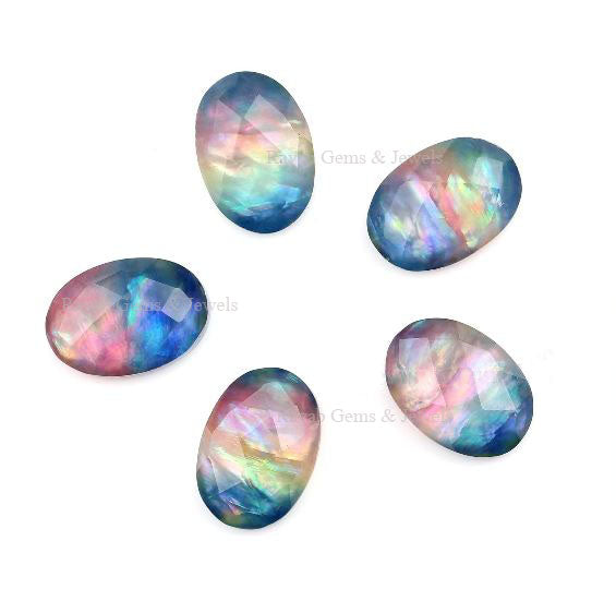 Abalone Shell Quartz Oval Faceted Cabochons Gemstone For Jewelry, Loose Beads Calibrated Stone For Earrings Ring 5 Pcs Set 12x16mm