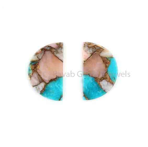 Pink Opal Copper Turquoise 'D' Half Moon Shape Flat Gemstone For Jewelry, Loose Beads Calibrated Stones For Matching Jewelry Earring 2 Pcs