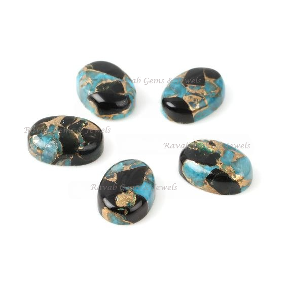 Black Blue Copper Turquoise Oval Shape Smooth Cabochons Gemstone | Calibrated Loose Beads Stone For Jewelry Making 5 Pcs Set 10x14mm-13x18mm
