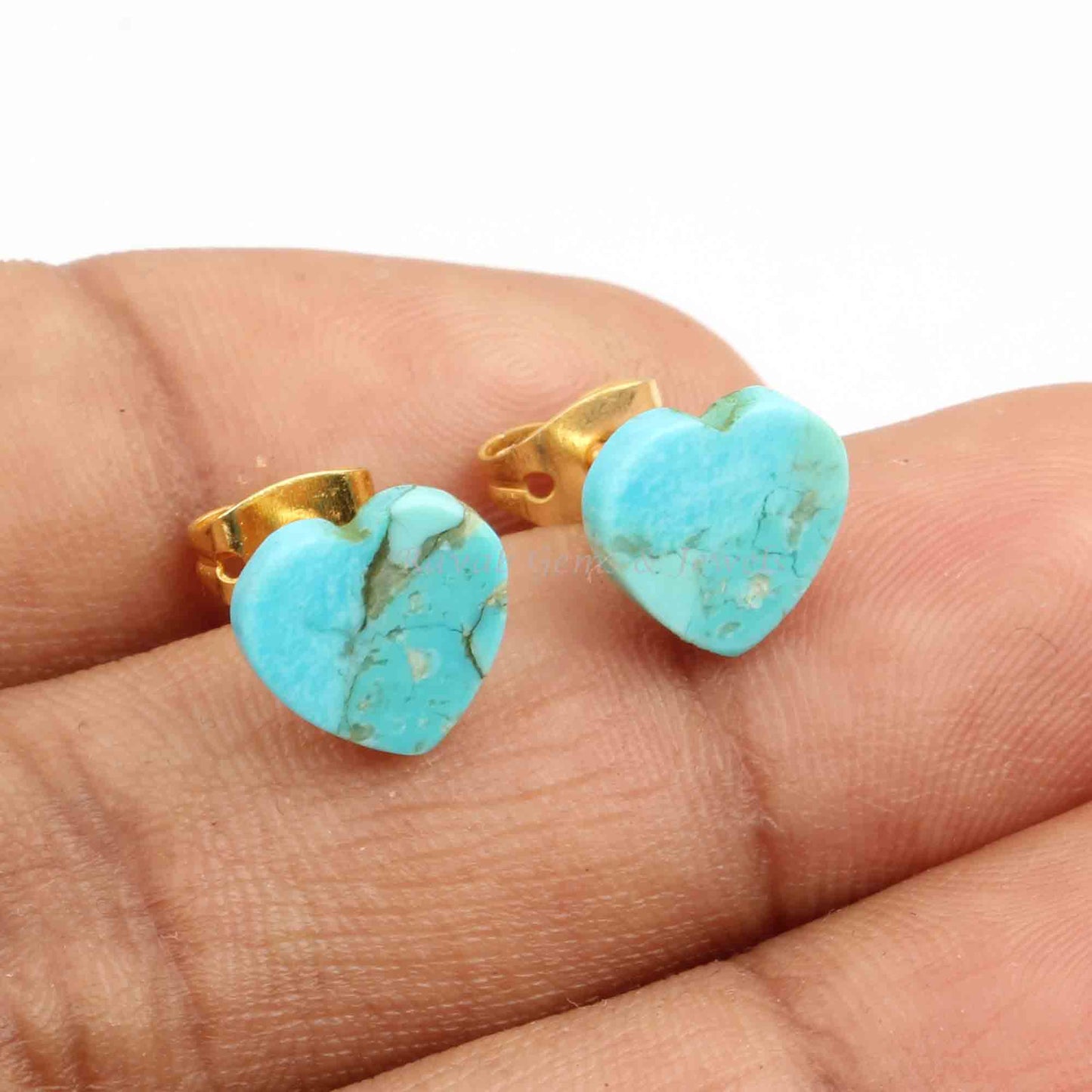 Arizona Turquoise Gemstone Stud Earrings, 925 Sterling Silver Gold Plated Earring, Heart Shape Flat Gemstone Earrings, For Love Gifted