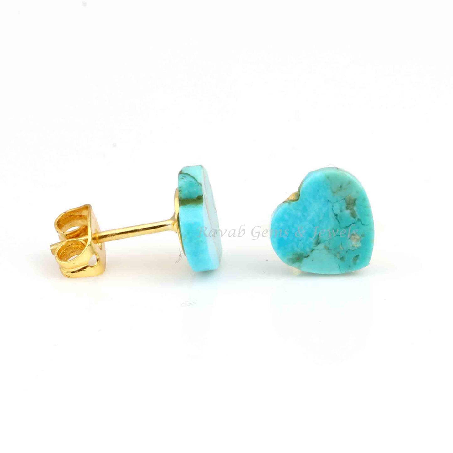 Arizona Turquoise Gemstone Stud Earrings, 925 Sterling Silver Gold Plated Earring, Heart Shape Flat Gemstone Earrings, For Love Gifted
