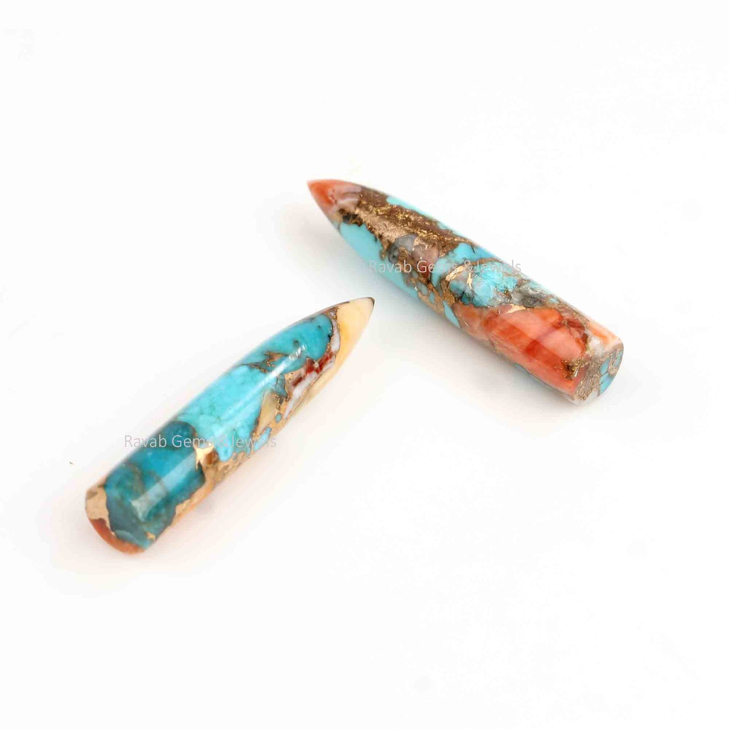 Spiny Oyster Copper Turquoise Long Smooth Bullet Shape Gemstone For Jewelry, Loose Beads Calibrated Stone For Matching Earring 6x30mm 2 Pcs