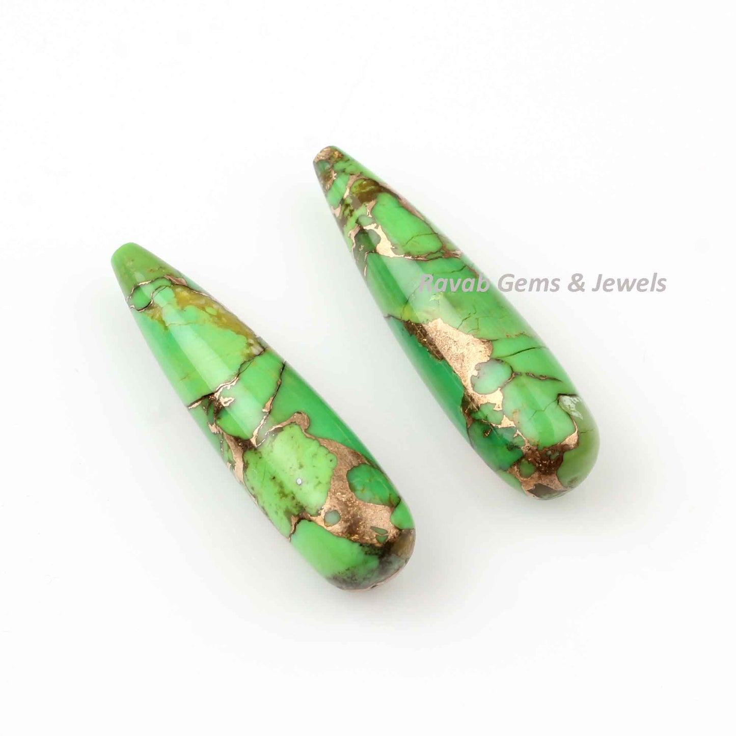 9x30mm Green Copper Turquoise Smooth Drop | Turquoise Briolette Calibrated Stone For Jewelry Earring Making - Available 2 Pc GemsBazaarIdia