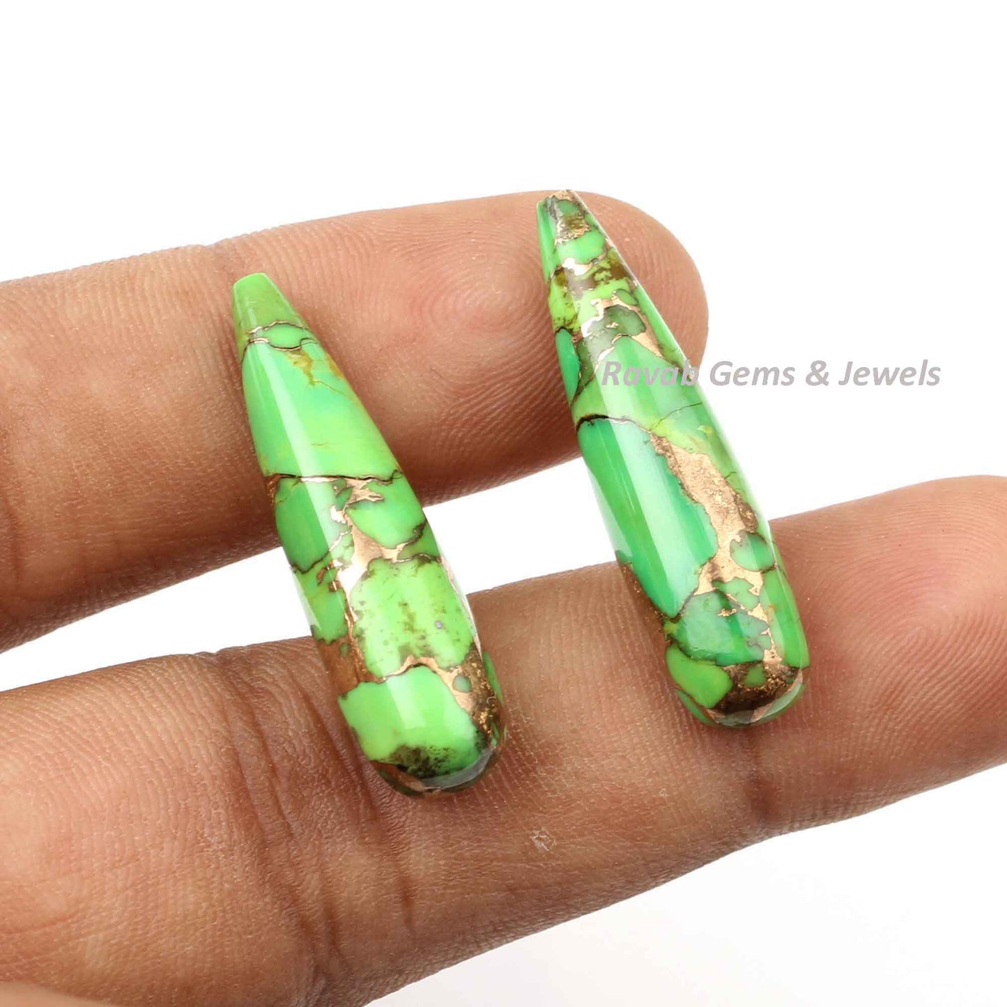 9x30mm Green Copper Turquoise Smooth Drop | Turquoise Briolette Calibrated Stone For Jewelry Earring Making - Available 2 Pc GemsBazaarIdia