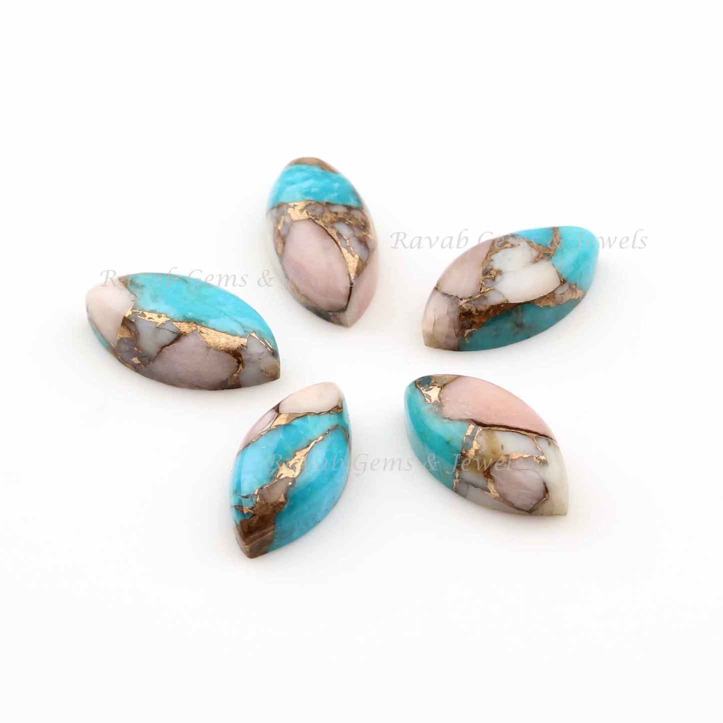 Pink Opal Copper Turquoise Long Marquise Smooth Gemstone Cabochons, Loose Beads Calibrated Stone For Jewelry Making 5 Pcs 8-16mm