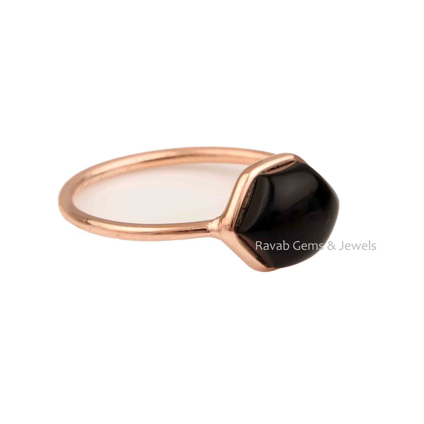 Black Onyx Hexagon Smooth Gemstone Ring, Rose Gold Plated 925 Sterling Silver Ring, 12mm Handmade Cabochons Stone Jewelry Ring For Gifted