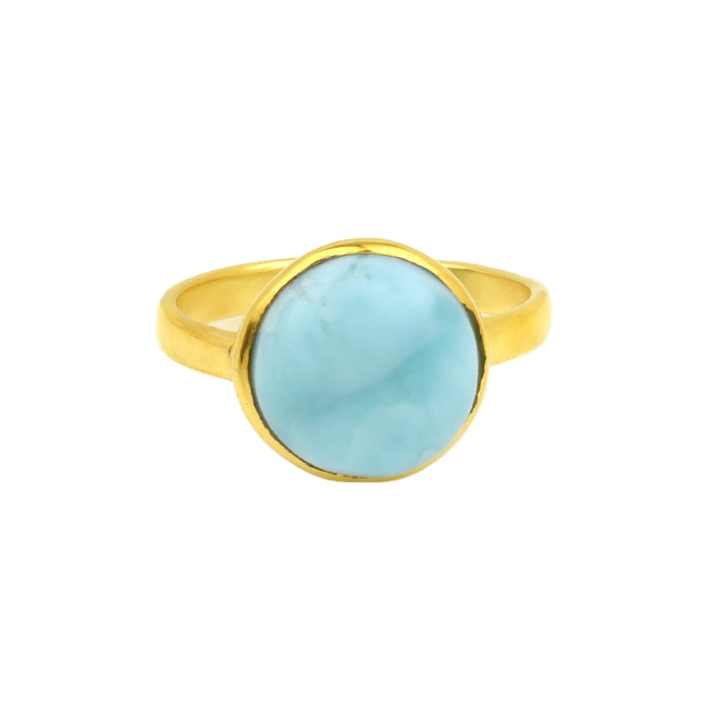 Best Quality Solid 925 Sterling Silver 18k Gold Plated Natural Larimar Round 10mm Bezel Setting Ring for Women Handmade Jewelry