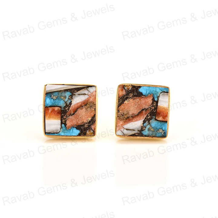 High Quality 925 Sterling Silver Fine Stud Earrings Handmade Mohave Spiny Oyster 12mm Square Bezel Stud Flat for Women