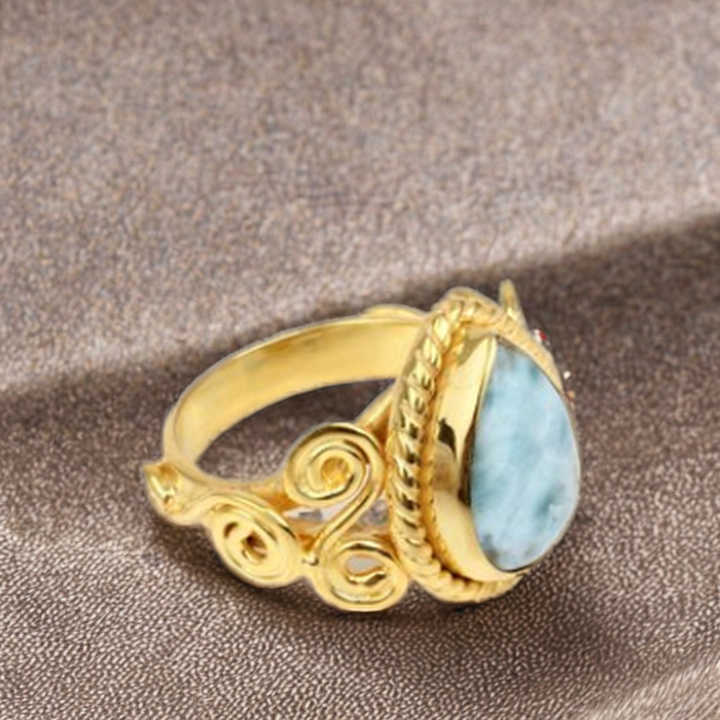 Best Selling 10x14mm Natural Blue Larimar Gemstone Bezel 18k Gold Plated Sterling Silver Designer Bohemian Wedding Ring Women