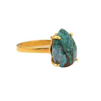 Best Selling Solid 925 Sterling Silver 18k Gold Plated Chrysocolla Copper 12X16mm Pear Bezel Setting Ring for Women Jewelry