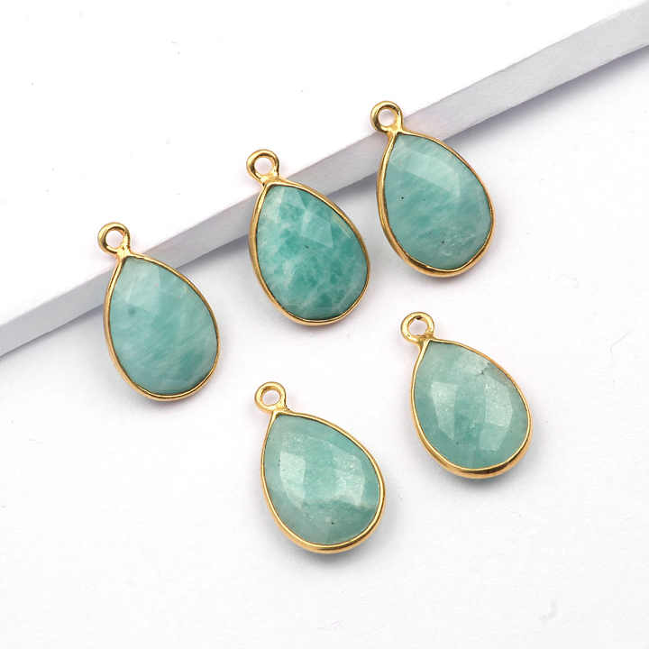 Best Selling Top Quality 12x16mm Natural Amazonite Gemstone Bezel 18k Yellow Gold Plated 925 Silver Charm Pendant for Necklace