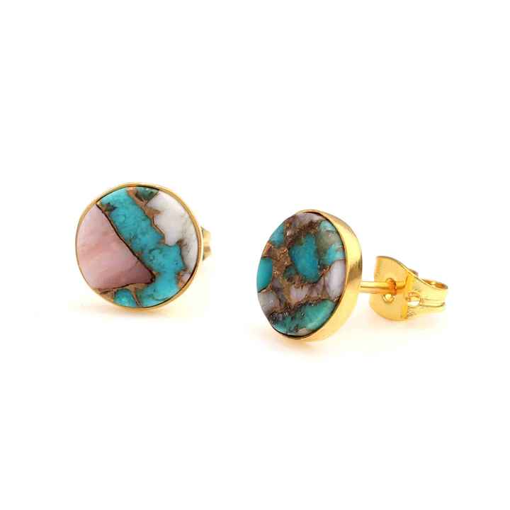 Trendy Stud Earring pink Earrings Turquoise Opal Copper Sterling Silver Bezel Natural Round pink & Blue Stud Earrings