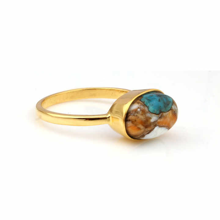 Best Selling 12x16mm Mohave Spiny Oyster Copper Turquoise Stone Jewelry 18k Gold Plated Silver Dainty Oval Shape Ring for He