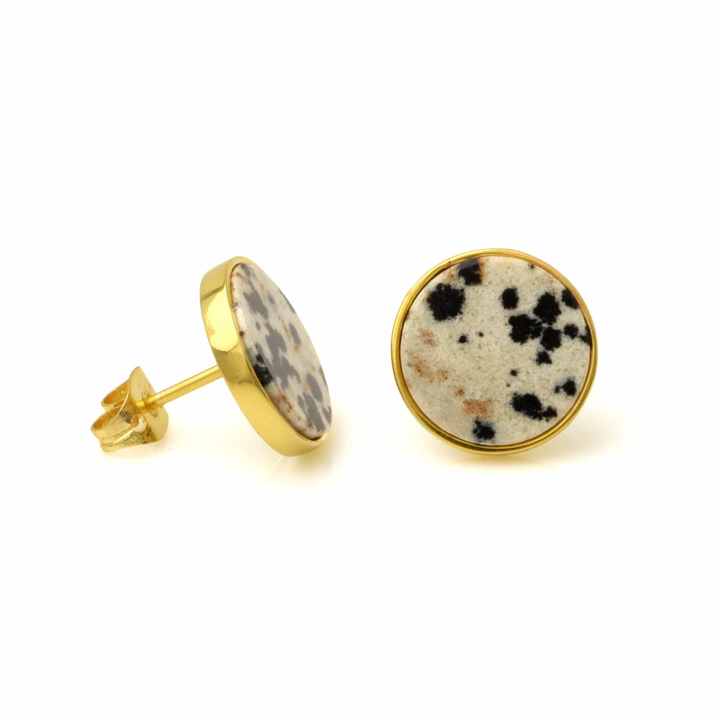 Handmade Dalmatian Jasper Women Earrings 18k Gold Plated Sterling Silver Natural Round Shape Gemstone Stud Earrings