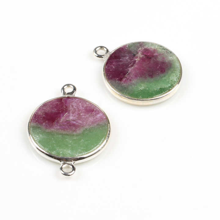 New Arrival 12mm Natural Ruby Zoisite Gemstone 925 Sterling Silver Geometric Round Coin Charm Connector for Pendant Necklace