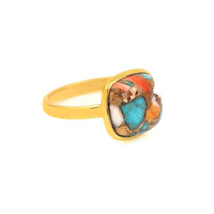 Handmade 12mm Mohave Spiny Oyster Copper Turquoise Gemstone Vermeil Eternity 925 Silver Bezel Boho Ring Fine Jewelry for Women