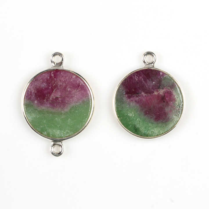 New Arrival 12mm Natural Ruby Zoisite Gemstone 925 Sterling Silver Geometric Round Coin Charm Connector for Pendant Necklace