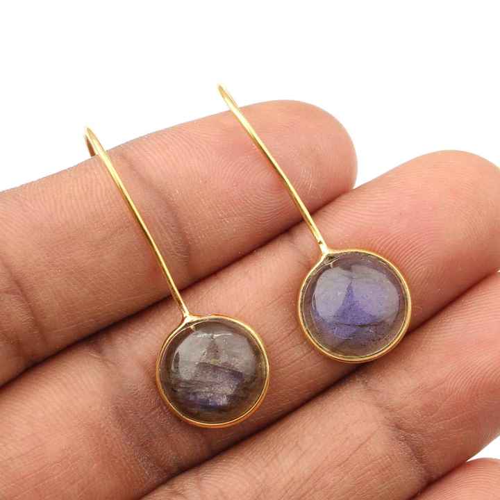 New Design 10mm Round Natural Labradorite Gemstone Jewelry 925 Sterling Silver 18k Gold Plated Teardrop Dangle Earrings for Her