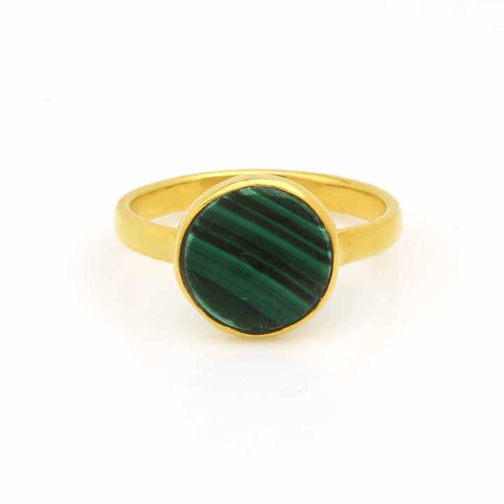 Beautiful 10mm Natural Green Malachite Flat Gemstone Women Jewelry 18k Gold Plated Sterling Silver Round Dainty Ring for Her