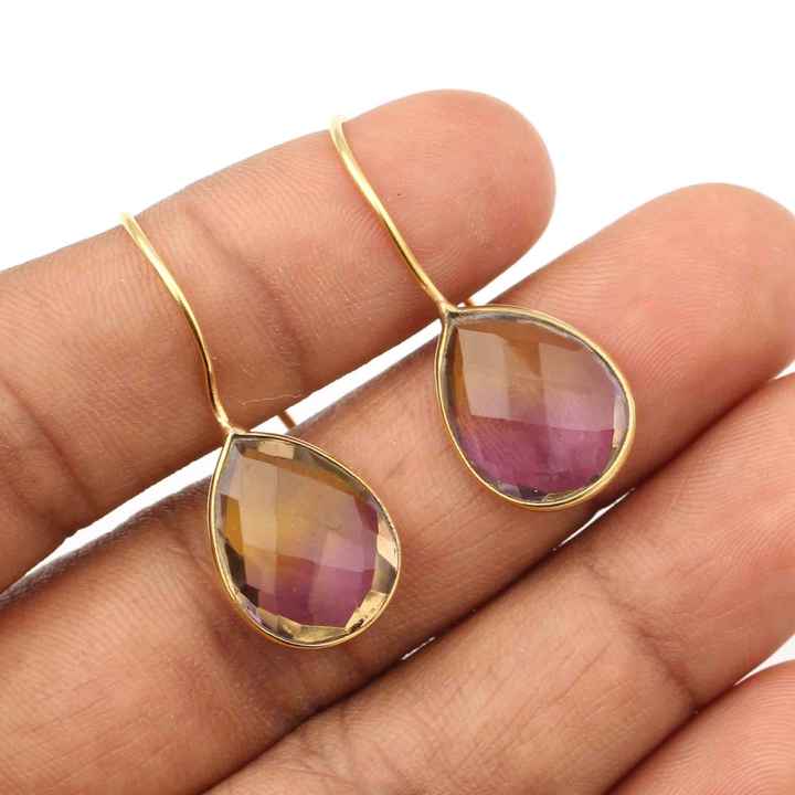 Beautiful Design Bi Tourmaline Hydro Quartz Silver Waterproof Jewelry Handmade 18k Gold Plated Dainty Teardrop Earrings for Her
