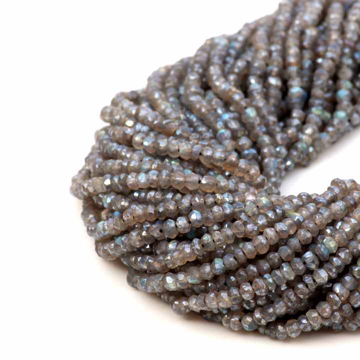 Lowest Price Natural 3mm to 4mm Blue Fire Labradorite Faceted Rondelle 13 Inches Length Gemstone Strand Beads for Making Jewelry