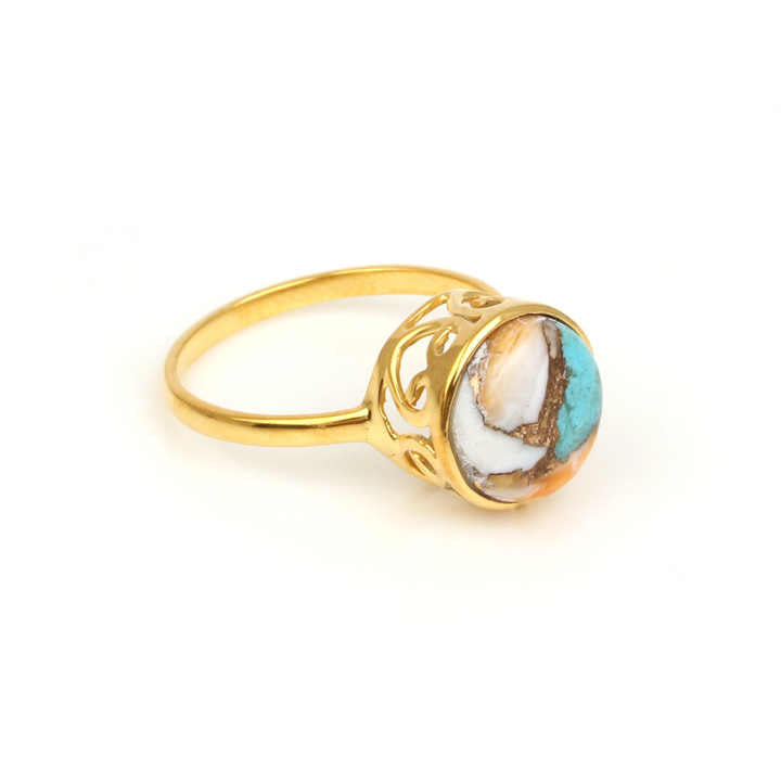 Beautiful Good Quality 10mm Mohave Spiny Oyster Copper Turquoise Gemstone 18k Gold Plated Silver Dainty Designer Ring for Her