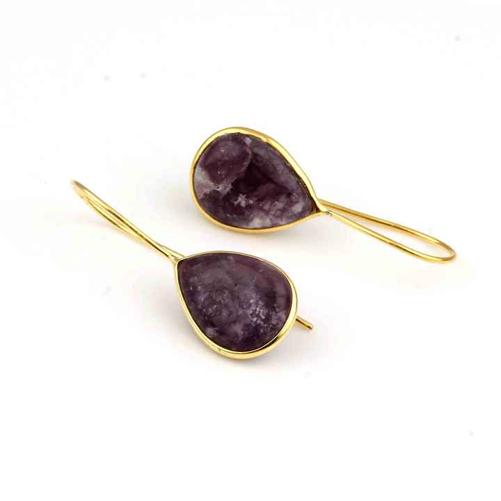 Best Selling 12x16mm Natural Lepidolite Gemstone Jewelry Sterling Silver 18k Gold Plated Pear Shape Dangle Earrings for Women