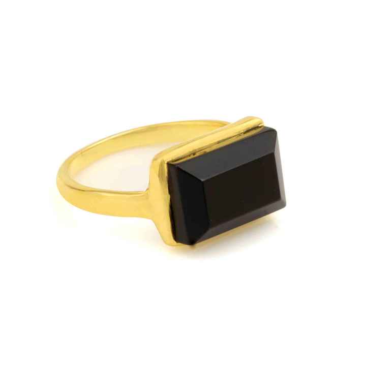 Beautiful 8x16mm Natural Black Onyx Gemstone Bezel 18k Gold Plated Sterling Silver Dainty Rectangle Octagon Cut Ring for Women
