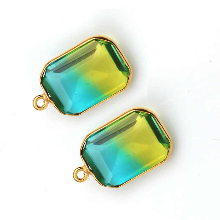 Beautiful High Polished Bio-Tourmaline Doublet Quartz Gemstone Gold Plated Sterling Silver Station Rectangle Charm for Pendant