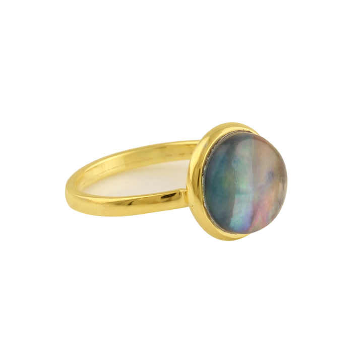 Abalone Shell Hydro Quartz Gemstone Bezel Jewelry Handmade 18k Gold Plated Sterling Silver Dainty Round Shape Ring for Her