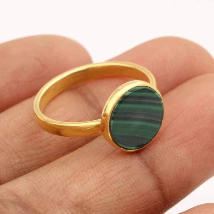 Beautiful 10mm Natural Green Malachite Flat Gemstone Women Jewelry 18k Gold Plated Sterling Silver Round Dainty Ring for Her