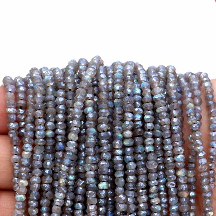 Lowest Price Natural 3mm to 4mm Blue Fire Labradorite Faceted Rondelle 13 Inches Length Gemstone Strand Beads for Making Jewelry